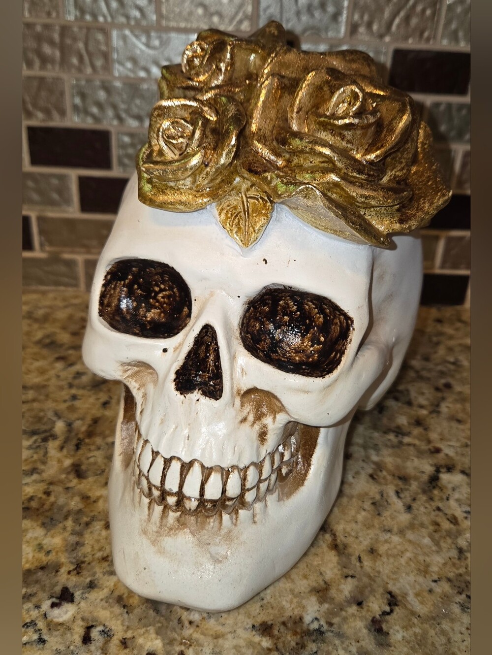 Decorative Resin Halloween Spooky White Skull with Gold Rose Accents